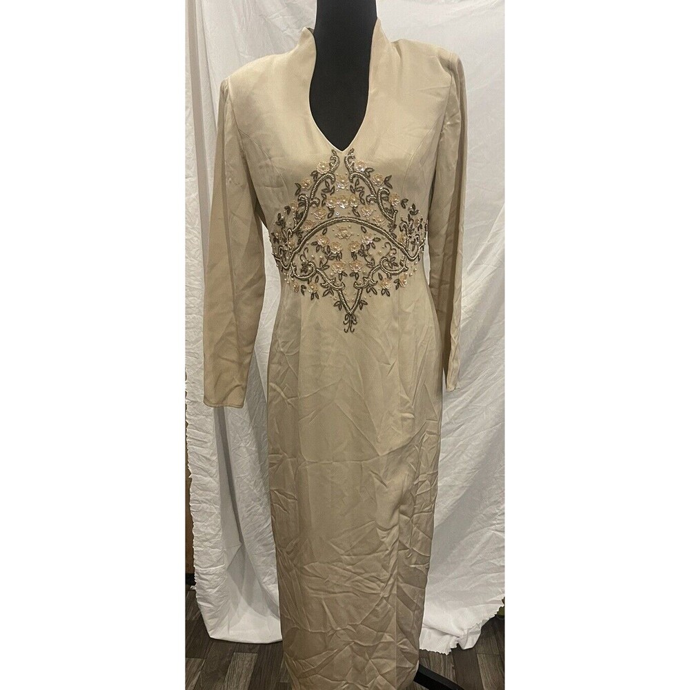 Vintage Niteline by Della Roufogali Gold Sequined Beaded Long 80s Dress Silk 10